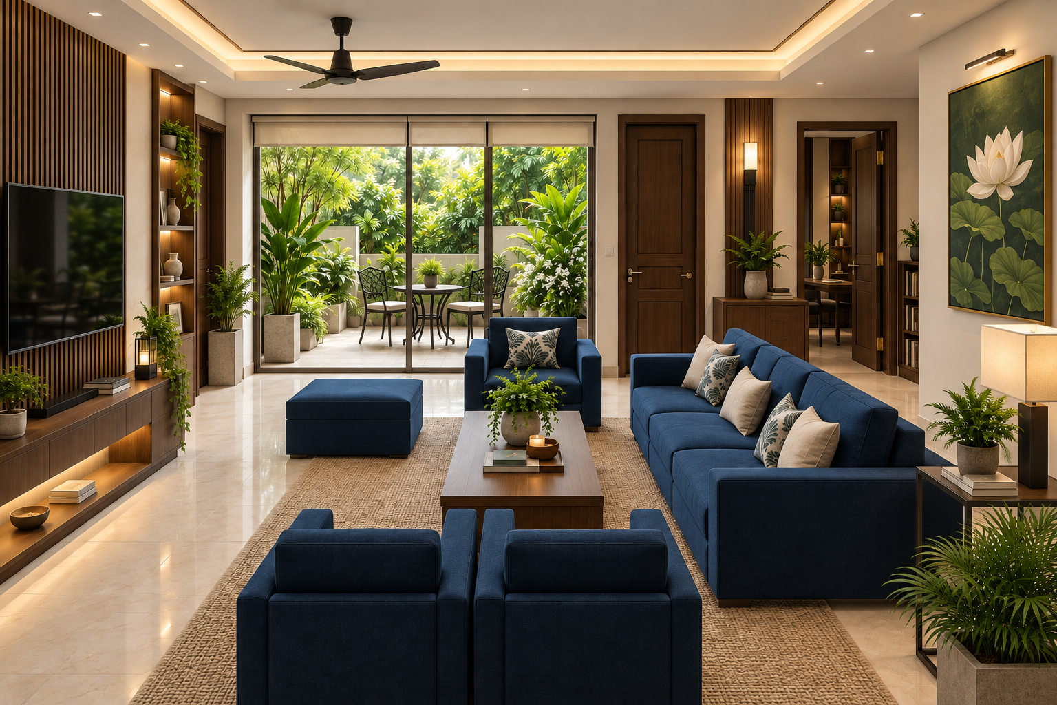 Warm living room with deep blue seating opening through full-height sliding glass onto a planted terrace