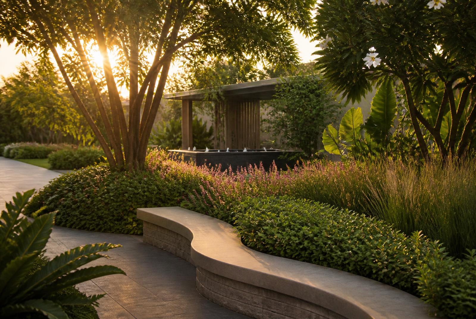Landscaped garden in golden evening light